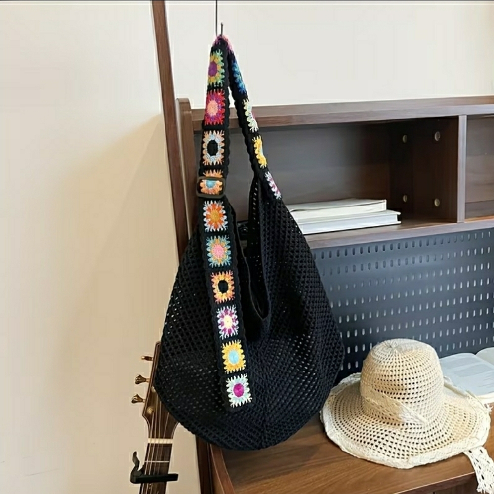 Knit Hobo Shoulder Bag w/ Crochet Strap (Multiple Colors Avail - Pick 1) - Picture 5 of 11